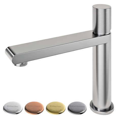 3Plus Nordic basin mixer in Brushed Steel with Brushed Steel, Copper, Gold and Gunmetal finish swatches